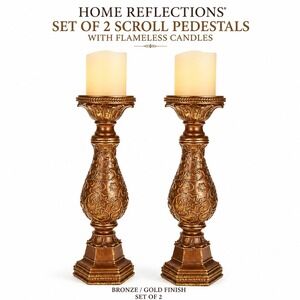 Home Reflections Set of 2 Scroll Pedestals with 4" Flameless Wax‎ Candles Bronze